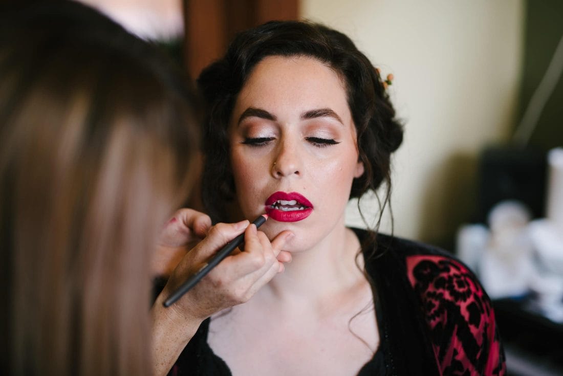 Oakland Wedding Getting Ready Pic with Red Lip Stick