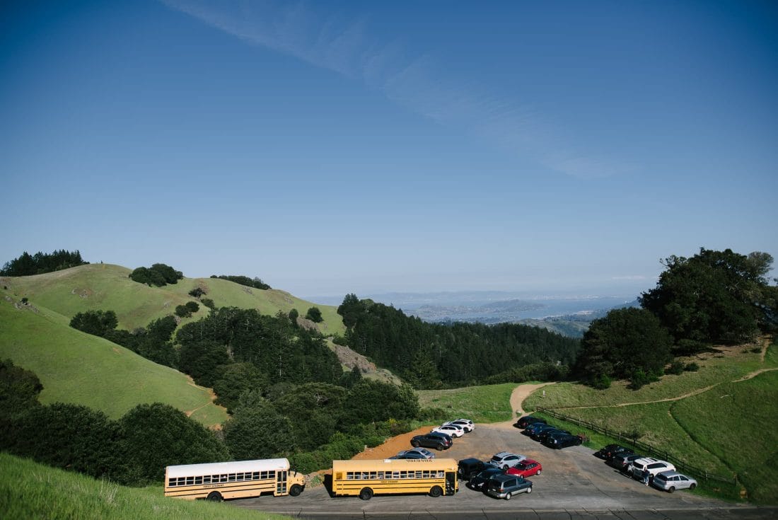 Busses delivering guests to wedding on mount tam