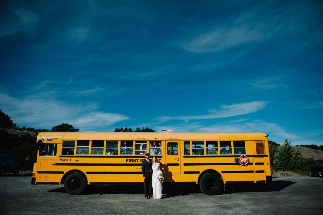 Trojan Point Wedding Ceremony with yellow school bus