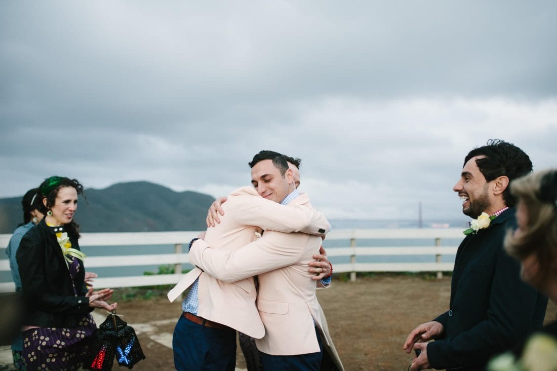 Same Sex Wedding Couple Hugging at Point Bonita Lighthouse